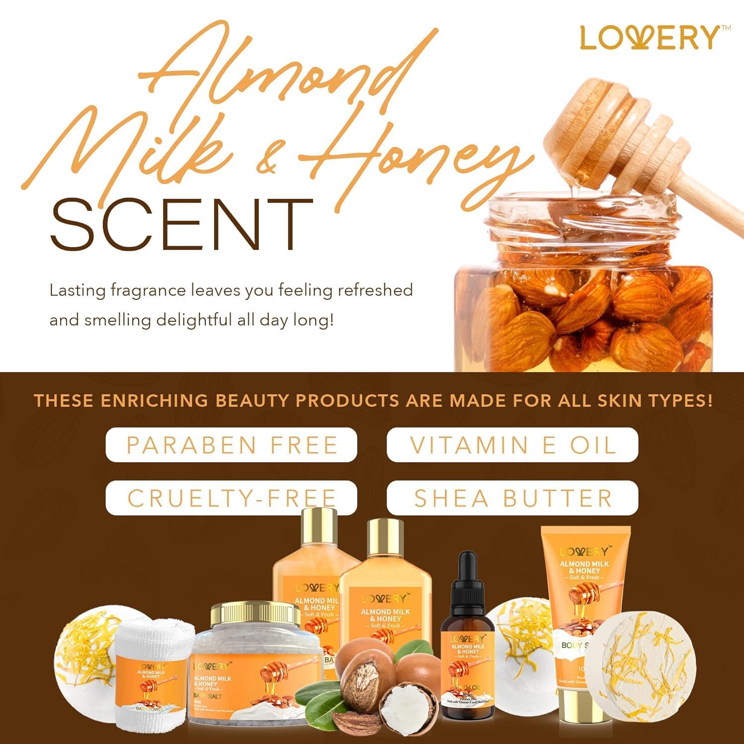 Top view of Lovery almond milk and honey personal care gift set