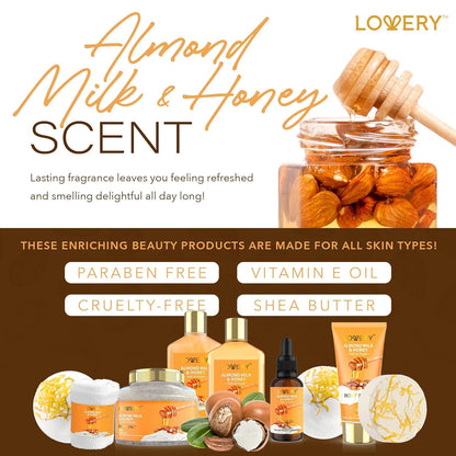 Top view of Lovery almond milk and honey personal care gift set