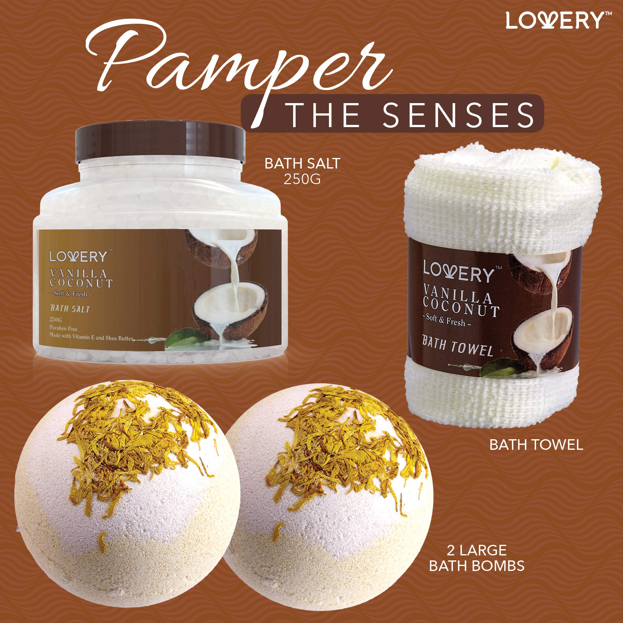 Lovery vanilla coconut bath bombs and accessories