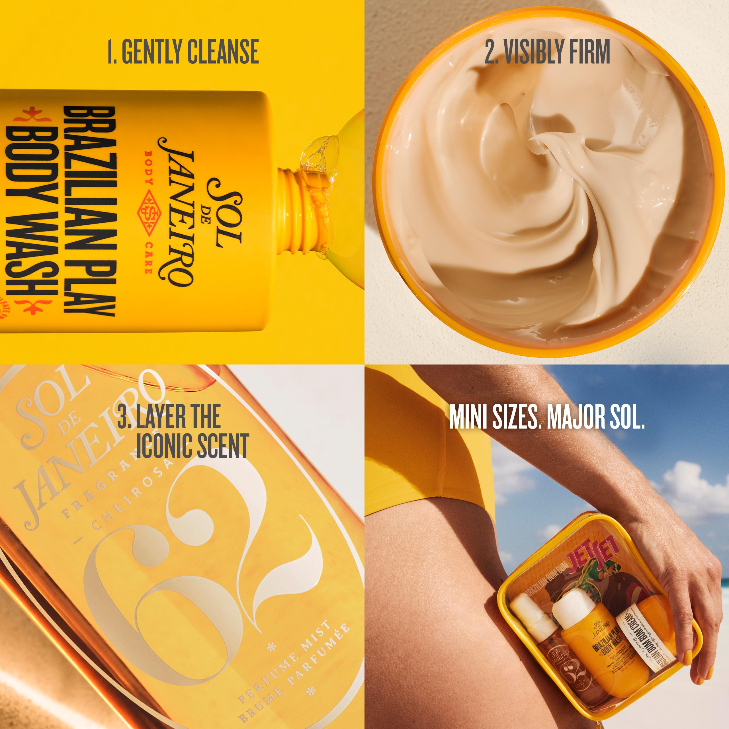 Sol de Janeiro Brazilian Bum Bum Cream travel size tube alongside matching body fragrance spray