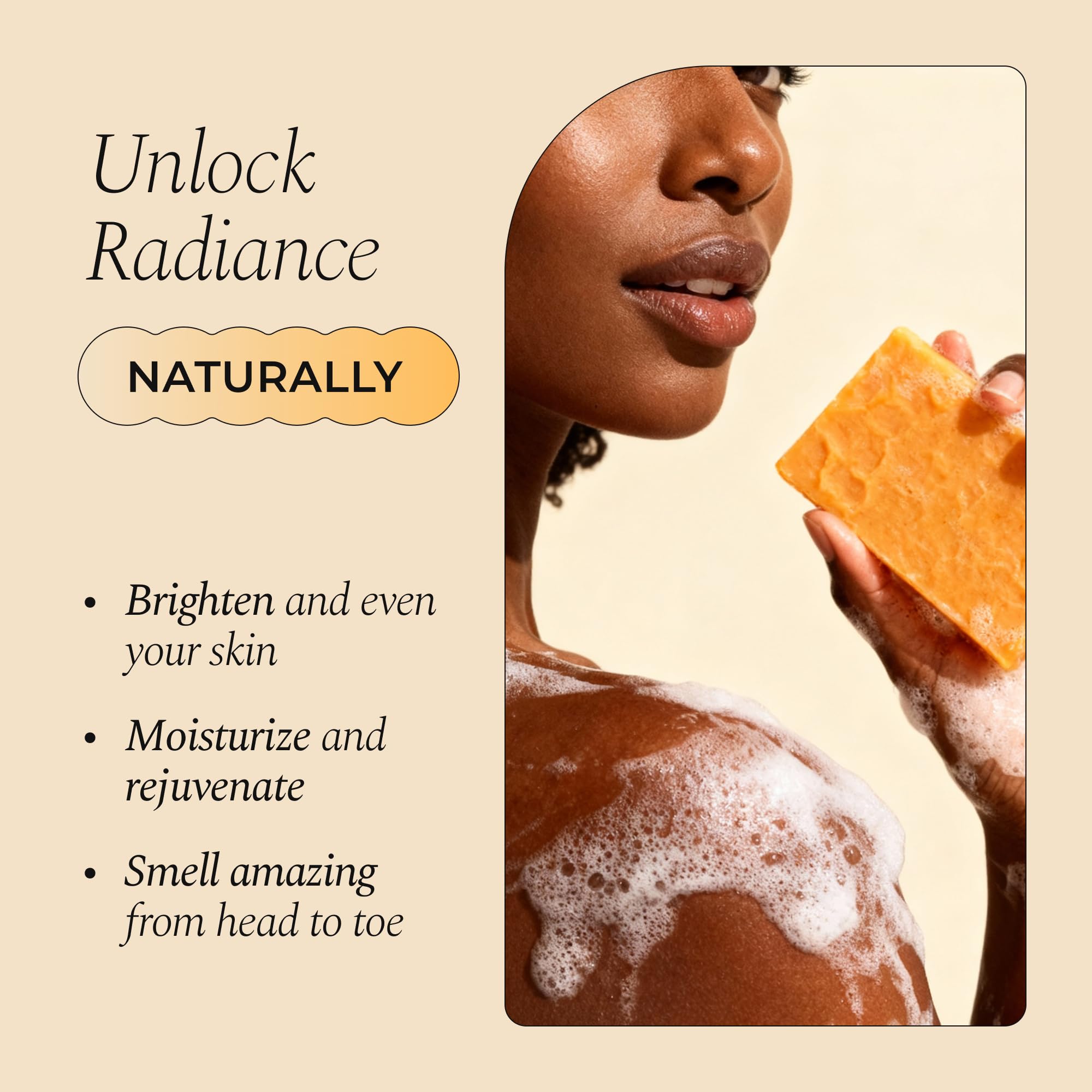 Glo Melanin natural face wash soap bar showing its yellow turmeric texture