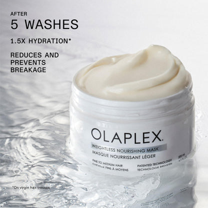 Creamy texture of Olaplex volumizing hydration mask on a white background.