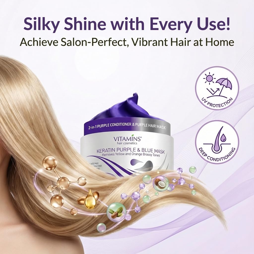 Back label of Vitamins Hair Cosmetics Keratin Purple Hair Mask with ingredients