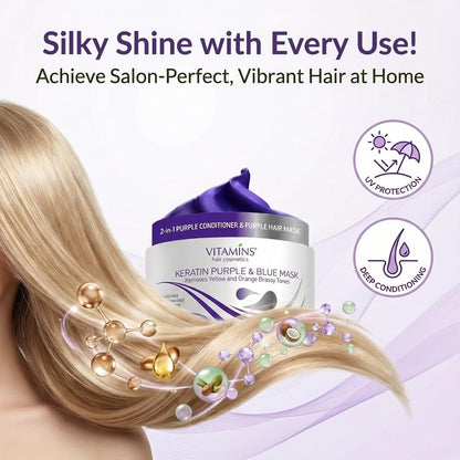 Back label of Vitamins Hair Cosmetics Keratin Purple Hair Mask with ingredients