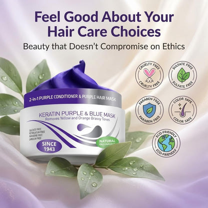 Vitamins Hair Cosmetics purple hair mask packaging in hand