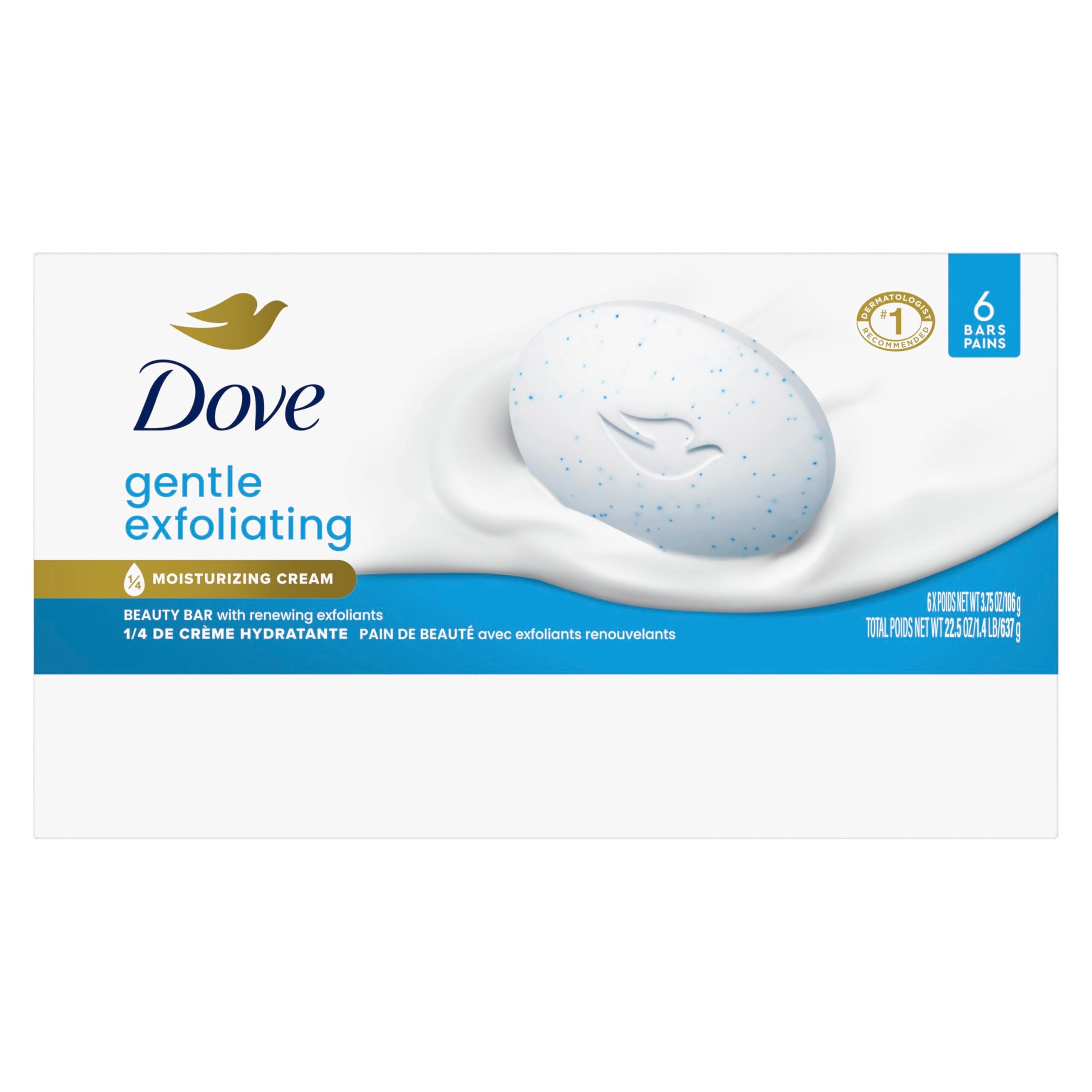 Dove exfoliating soap bar packaging showing 6 bars count