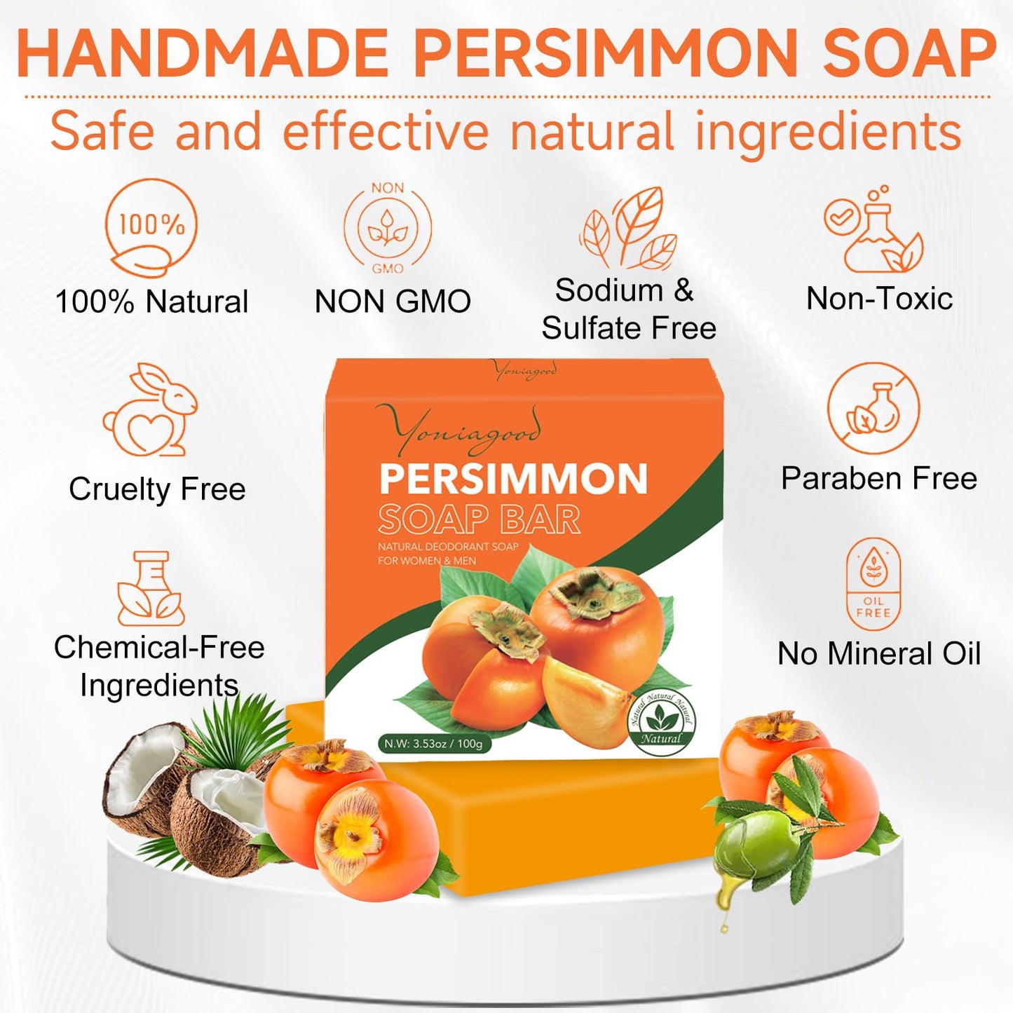 Yoniagood persimmon soap bar packaging side view illustrating skin friendly natural ingredients list
