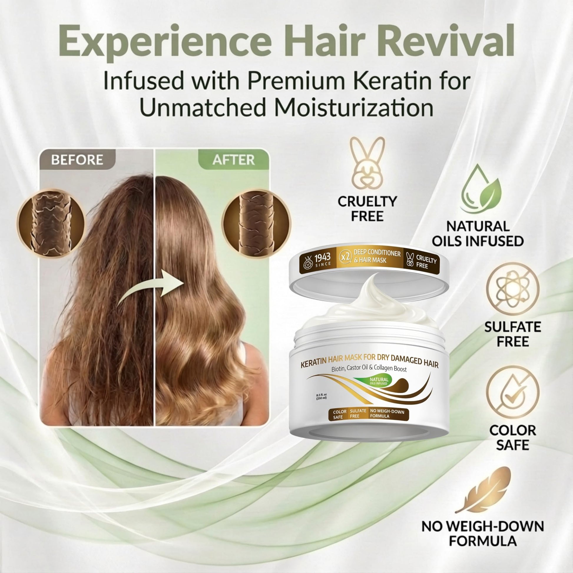 Vitamins Keratin Hair Mask jar showing Biotin and Collagen benefits