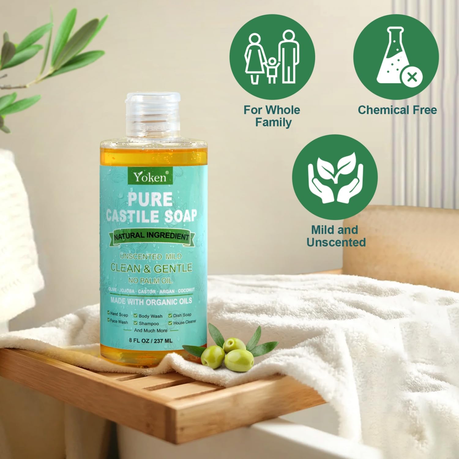 Yoken unscented castile soap liquid organic formula label close up.