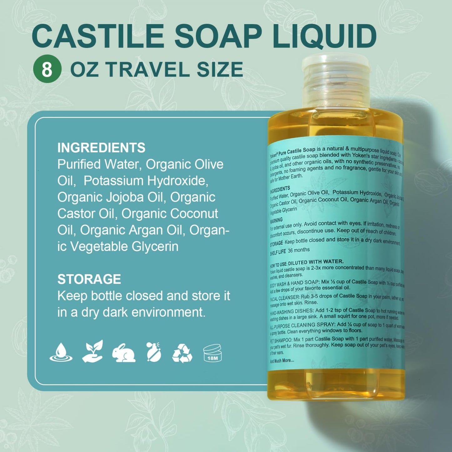 Yoken pure castile soap liquid unscented variant for face and body.