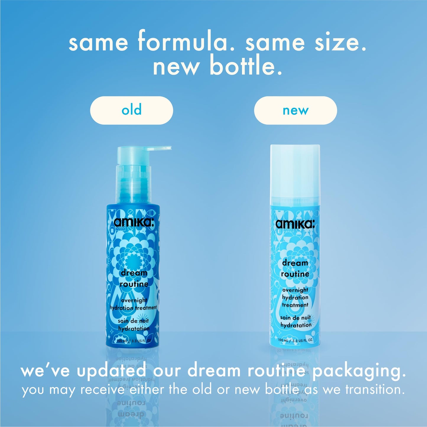 Amika dream routine hydrating treatment box and bottle display
