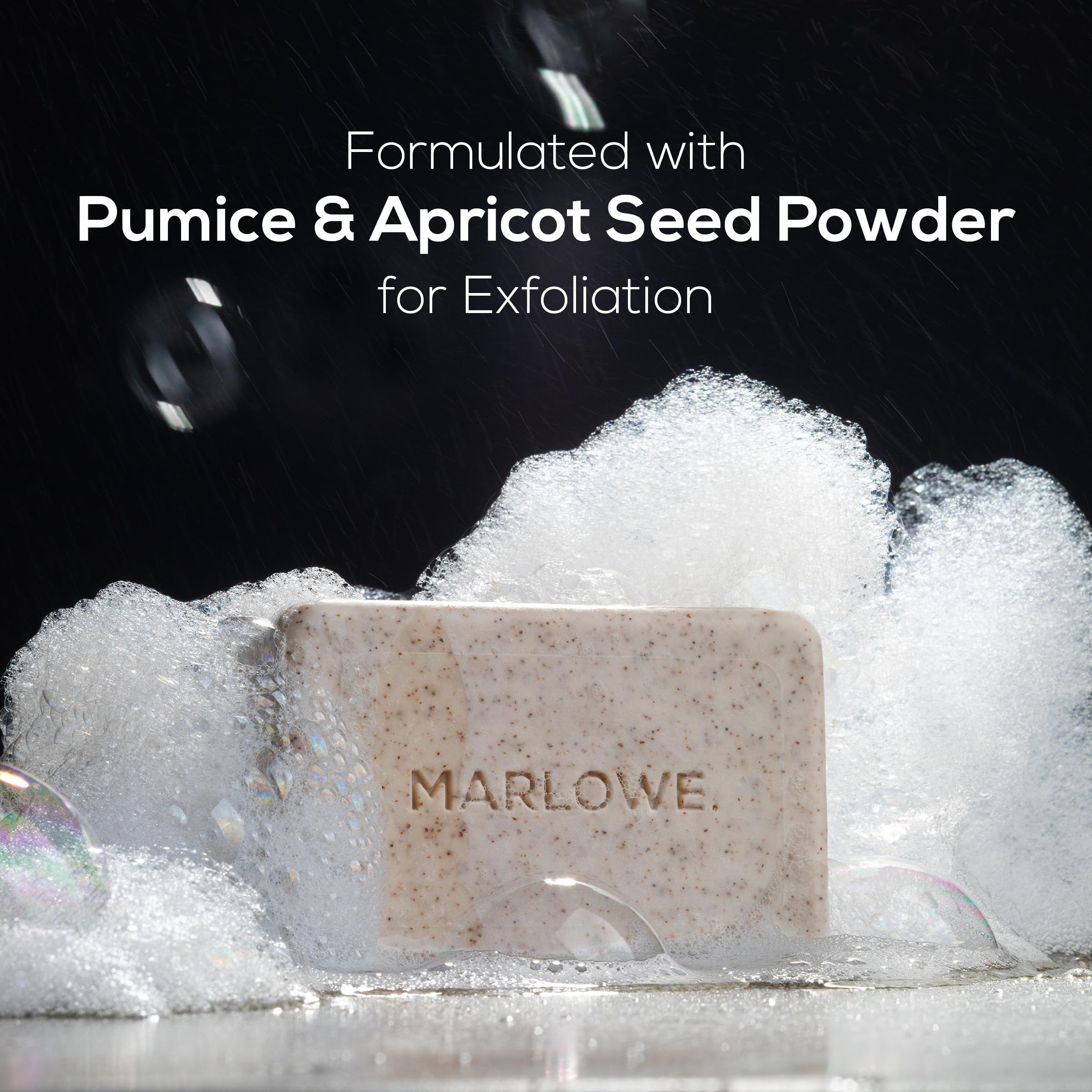 Back label of MARLOWE. original sage and fir scent body scrub soap displaying ingredients and usage.
