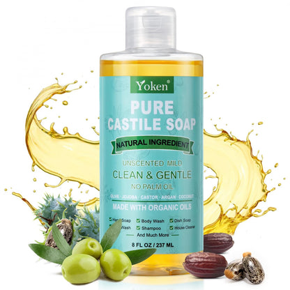 Natural non toxic liquid castile soap by Yoken showing eight fluid ounces.