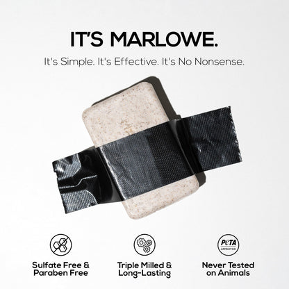 MARLOWE. Number 102 exfoliating bar soap showcasing the extra large seven ounce size.