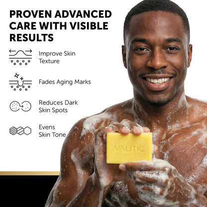 VALITIC lemon and turmeric soap being used to create a rich lather for hyperpigmentation treatment