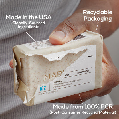 Side profile of MARLOWE. Number 102 seven ounce original scent premium moisturizing men's soap.