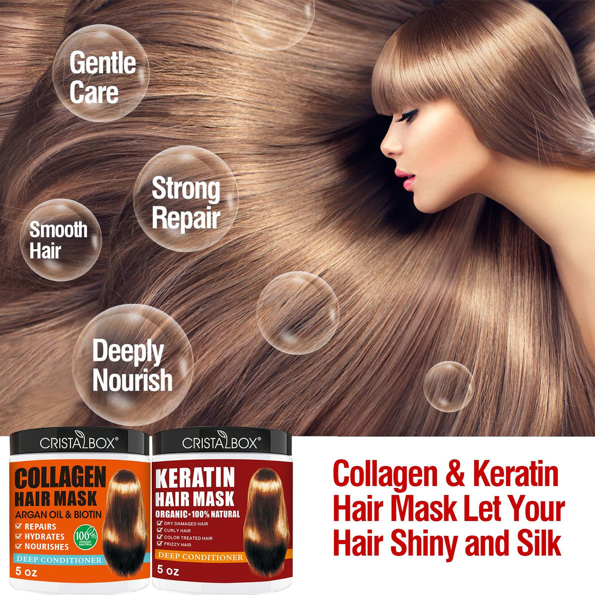Flat lay of the two hair masks highlighting key ingredients like argan oil