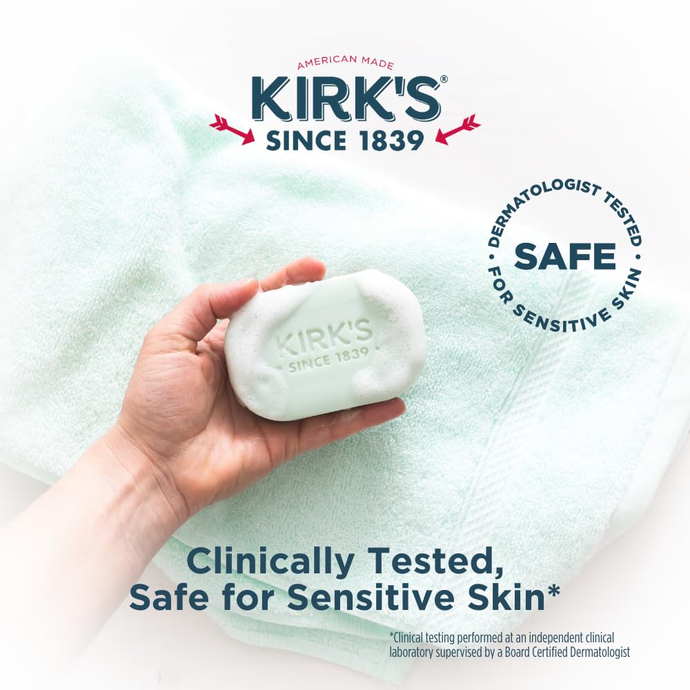 Close up of Kirk's Castile soap branding and coconut oil benefits