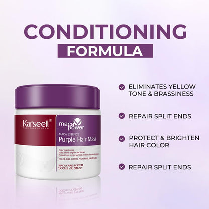 Back label of Karseell Maca Power Purple Hair Mask with clear usage instructions and ingredients list