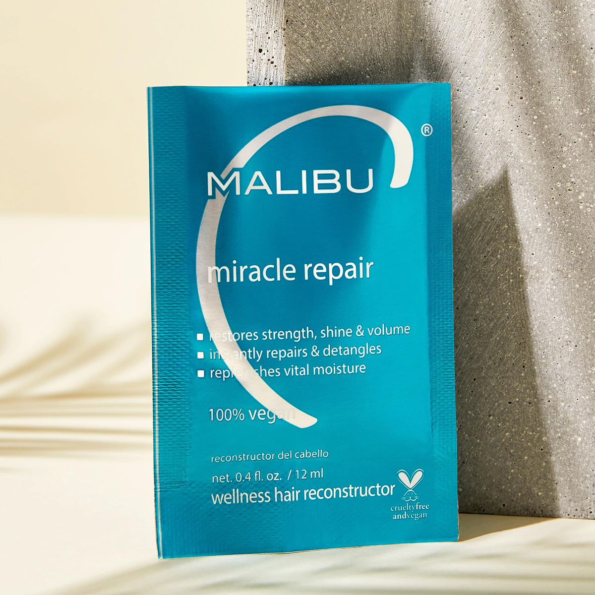 Close up of Malibu C reconstructor packet in a salon setting