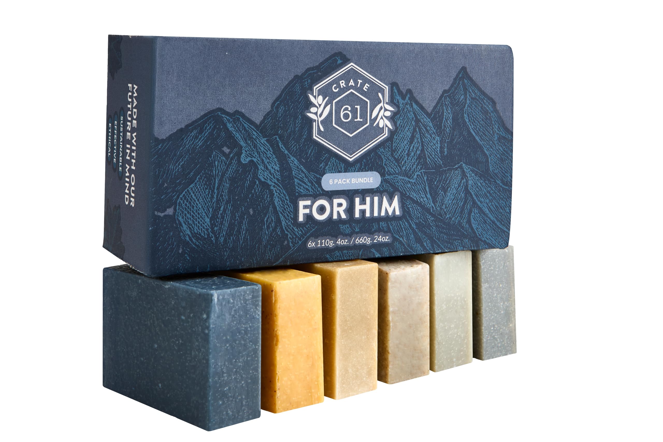 Six natural handmade soap bars showing unique textures of Alpine Spice, Eucalyptus Mint, and Charcoal.