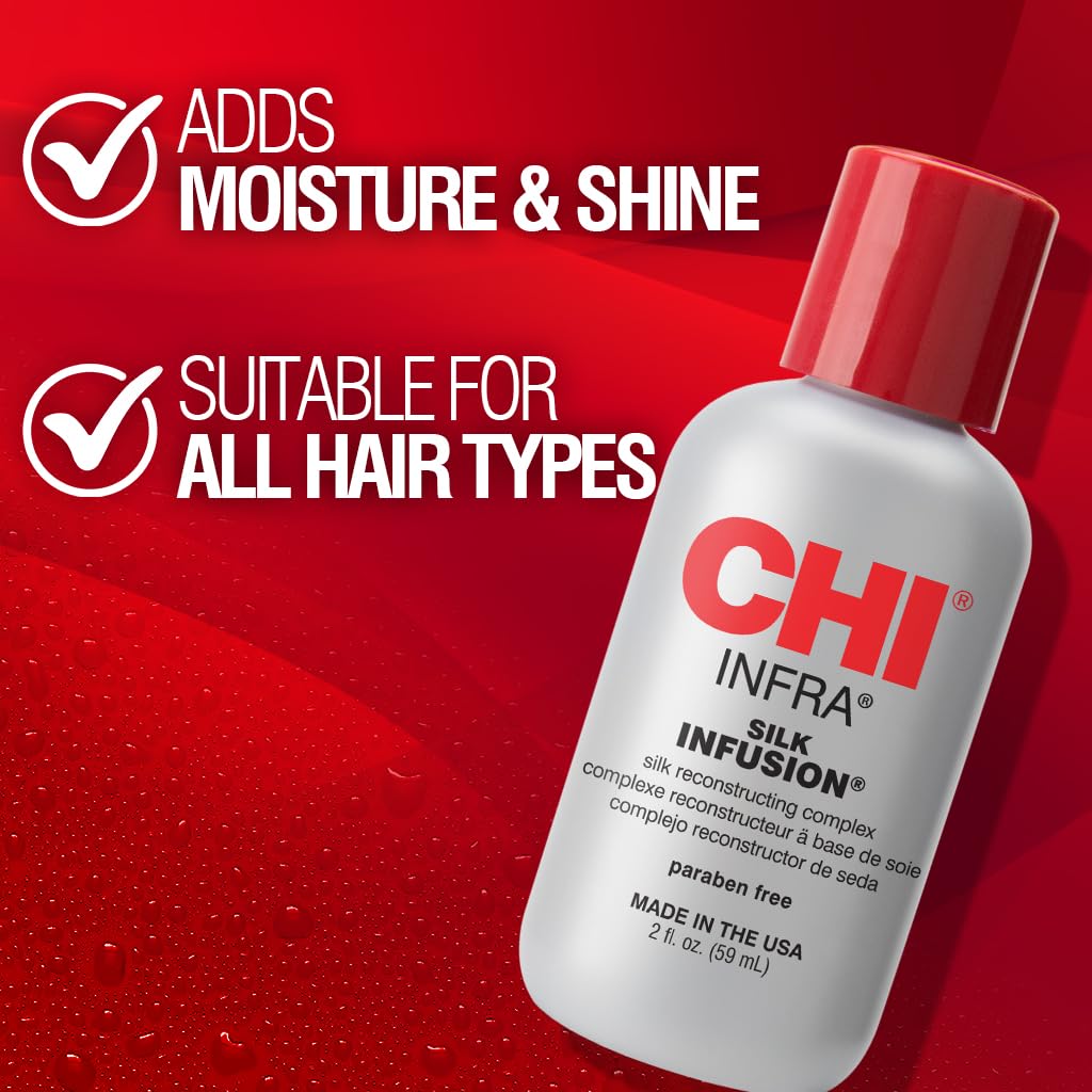 CHI Silk Infusion bottle showing professional hair styling application