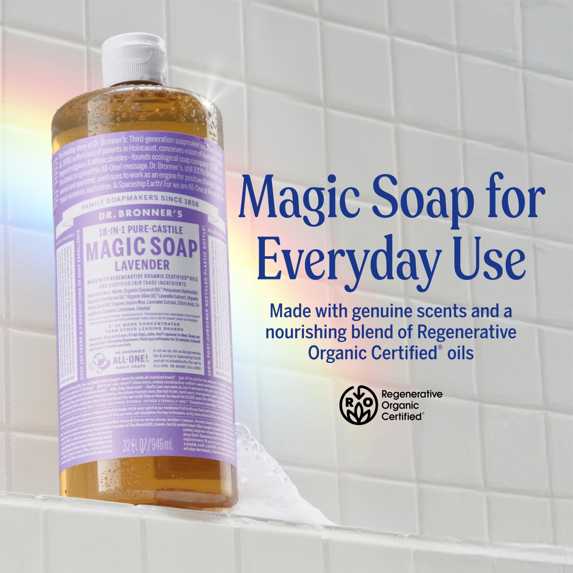 Dr. Bronner's lavender castile liquid wash showing 32 ounce bottle dimensions and organic certifications