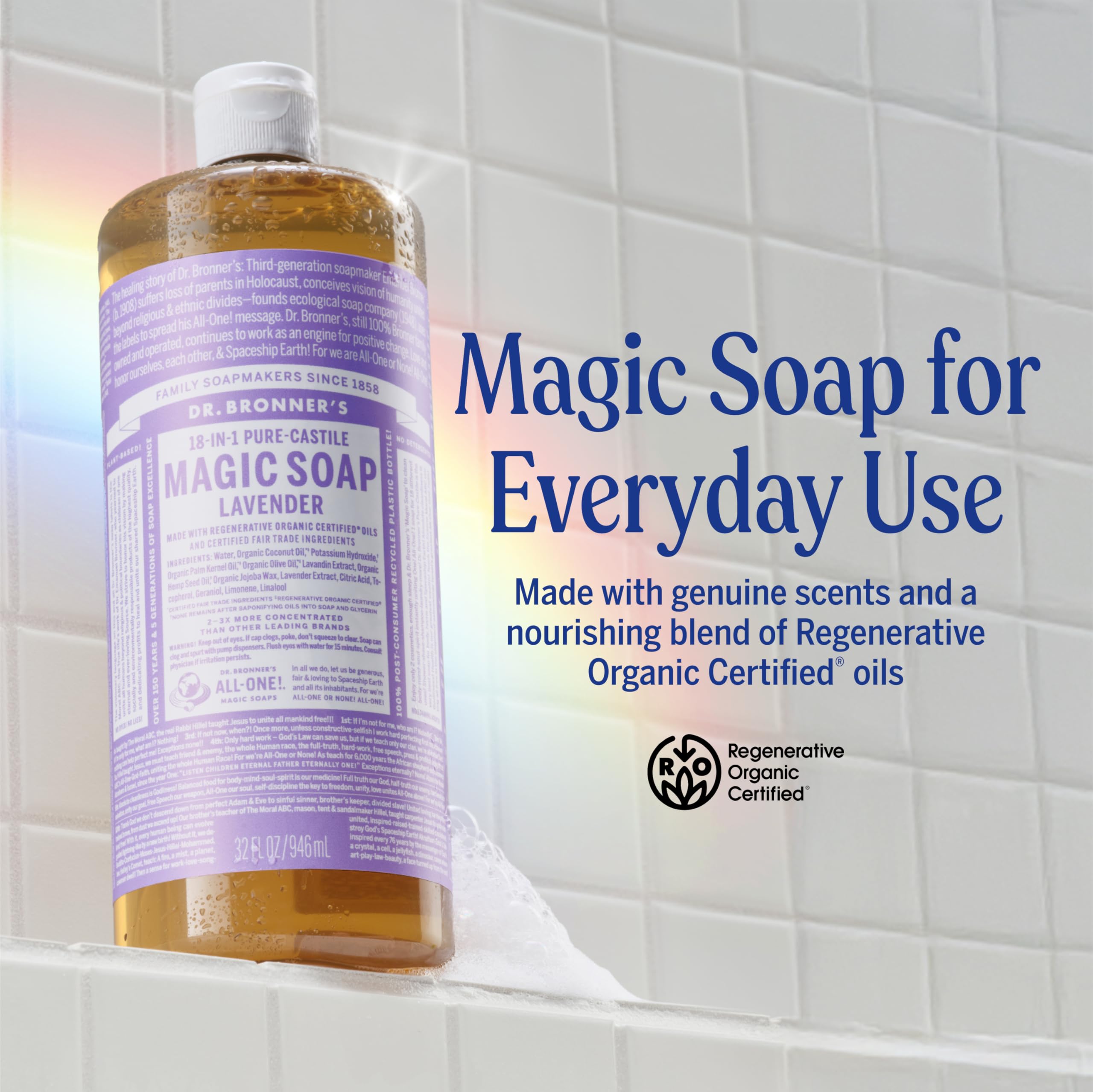 Dr. Bronner's lavender castile liquid wash showing 32 ounce bottle dimensions and organic certifications