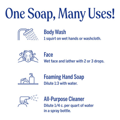 Dr. Bronner's 32 ounce lavender magic soap highlighting 18-in-1 uses for face body hair and laundry