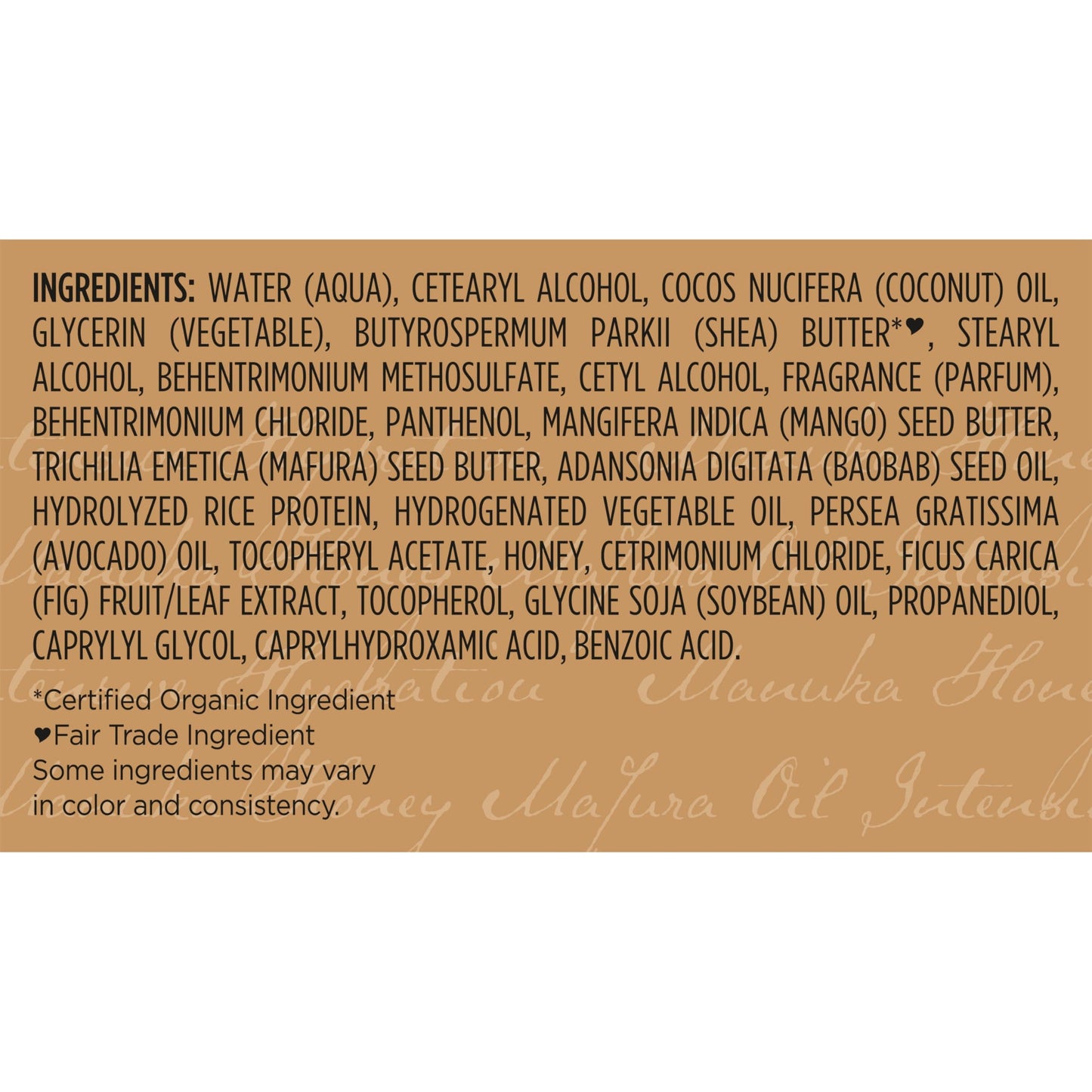 Detailed product label of SheaMoisture Manuka Honey and Mafura Oil hair masque