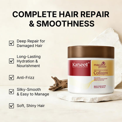 Hair mask container showing collagen and argan oil benefits
