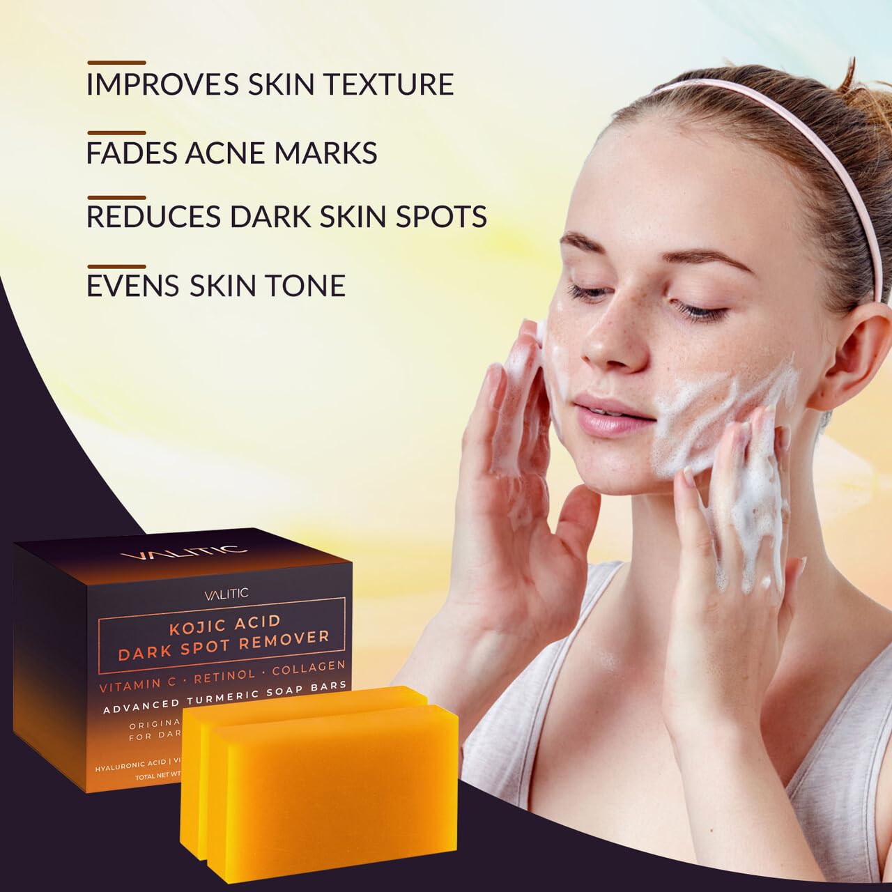Close up of VALITIC kojic acid soap bars formulated with hyaluronic acid and nourishing shea butter