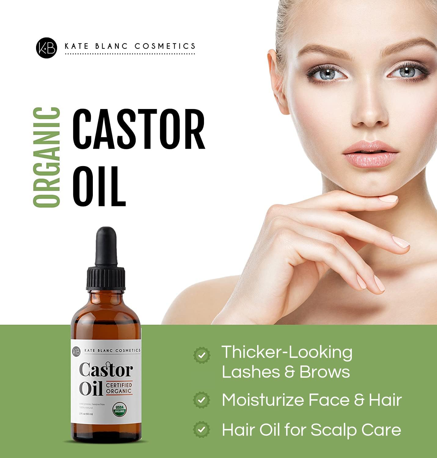 Two fluid ounce bottle of cold pressed hexane free castor oil showcasing organic certification label
