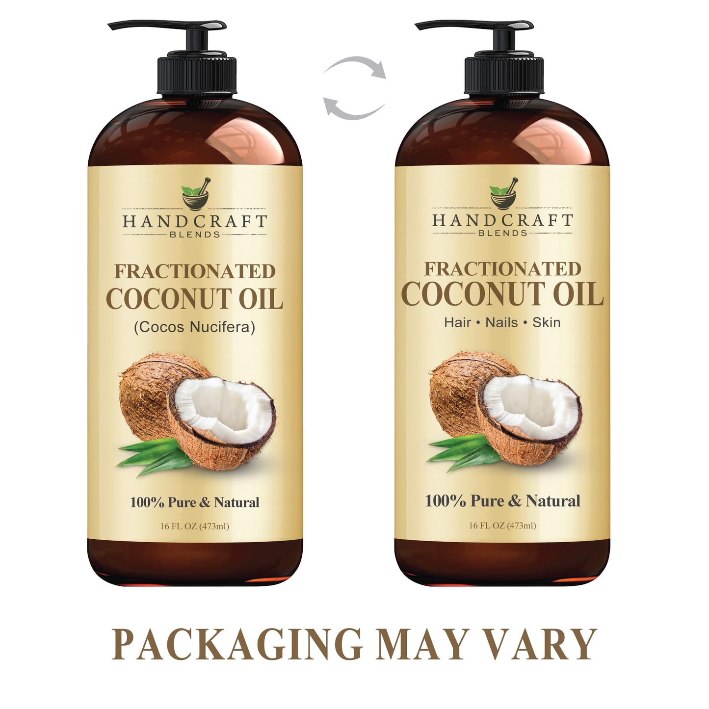 Odorless and colorless liquid coconut oil bottle showcasing the ingredients label.