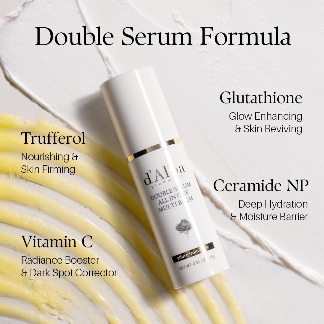 Close up view of the 10g d'Alba double serum balm texture melting into the skin.