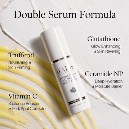 Close up view of the 10g d'Alba double serum balm texture melting into the skin.