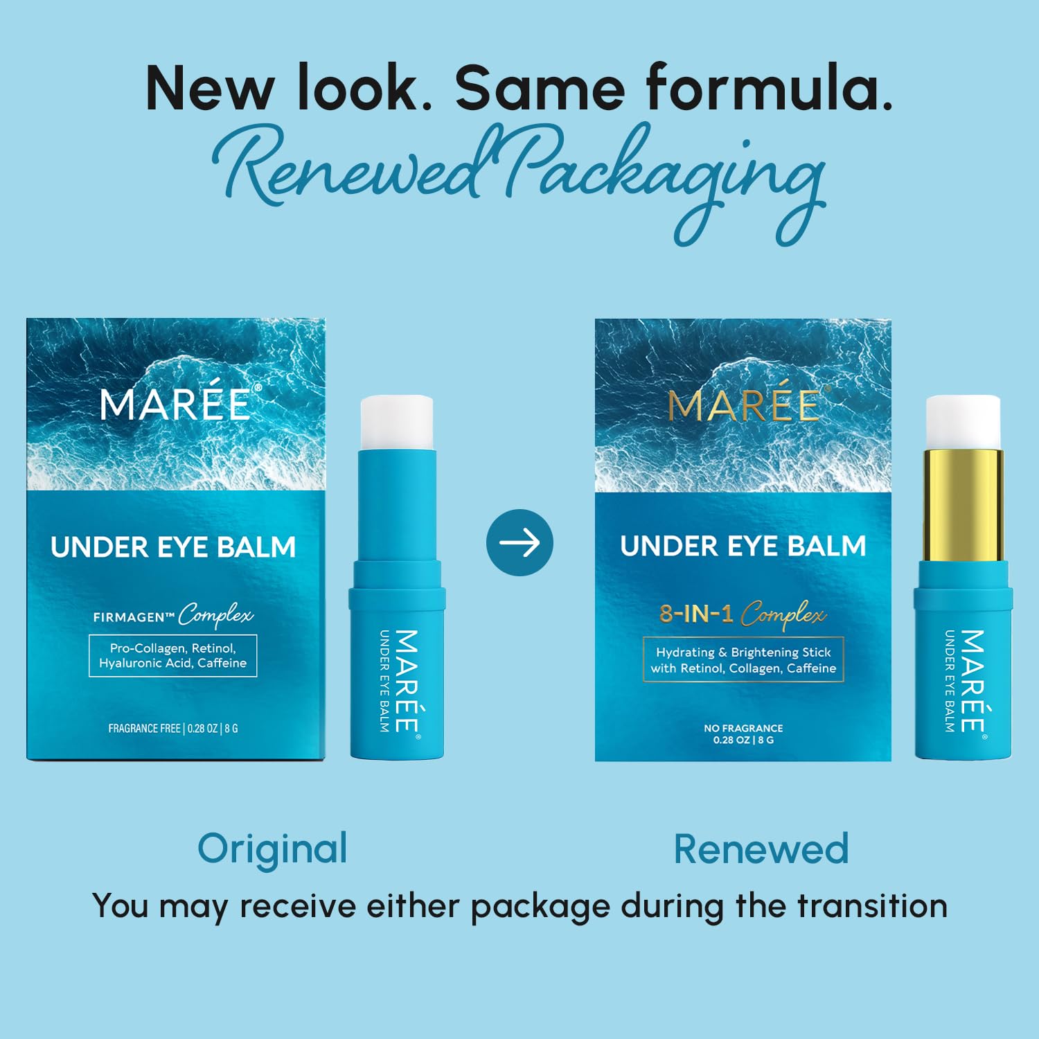 MAREE Retinol Caffeine Under Eye Brightener Stick product cap off showing balm texture