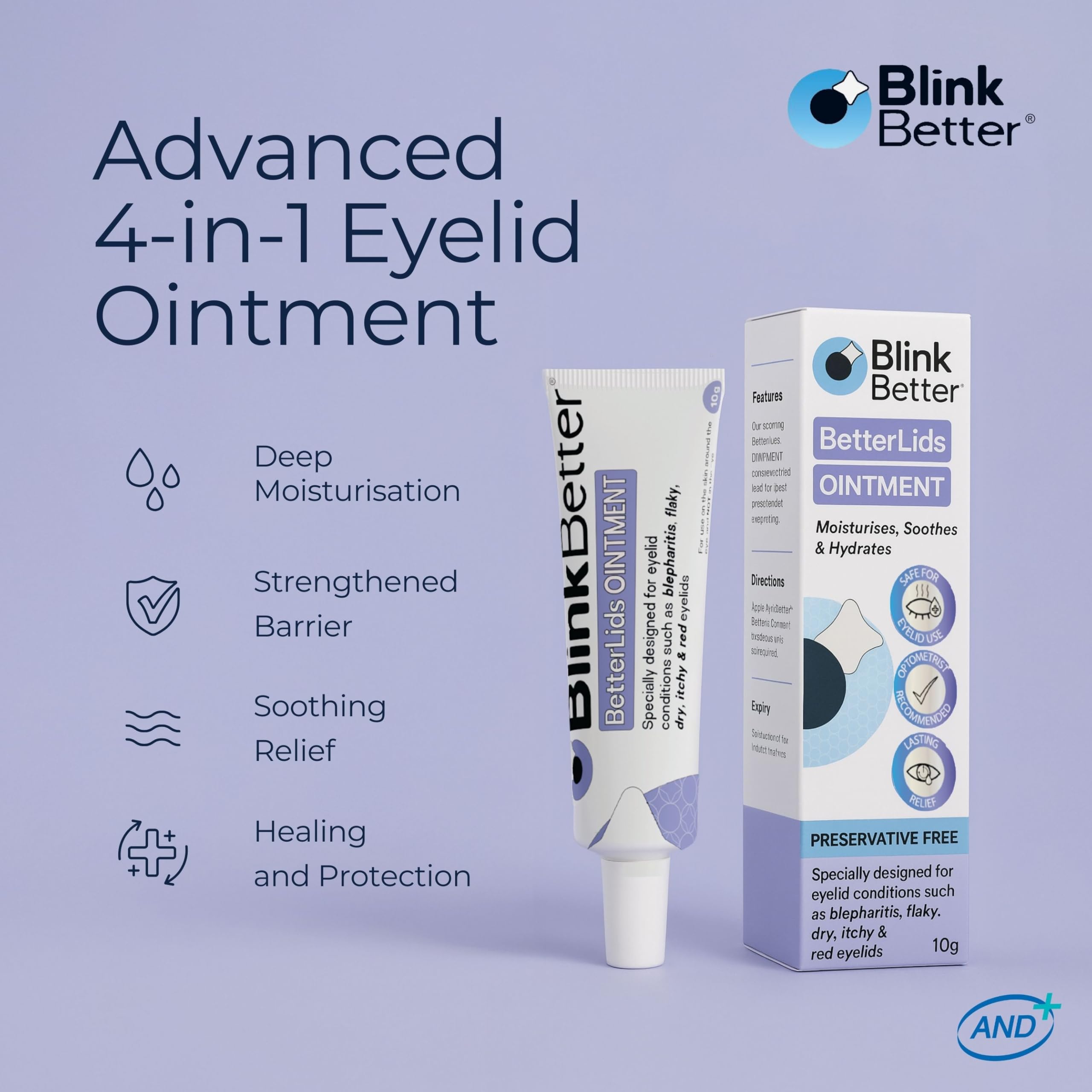 BlinkBetter BetterLids Eyelid Ointment tube showing intense oat complex ingredients