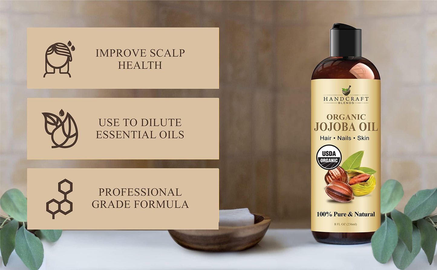 Hexane free unscented jojoba oil fluid bottle highlighting ingredients label