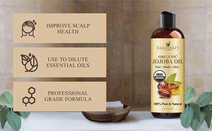 Hexane free unscented jojoba oil fluid bottle highlighting ingredients label