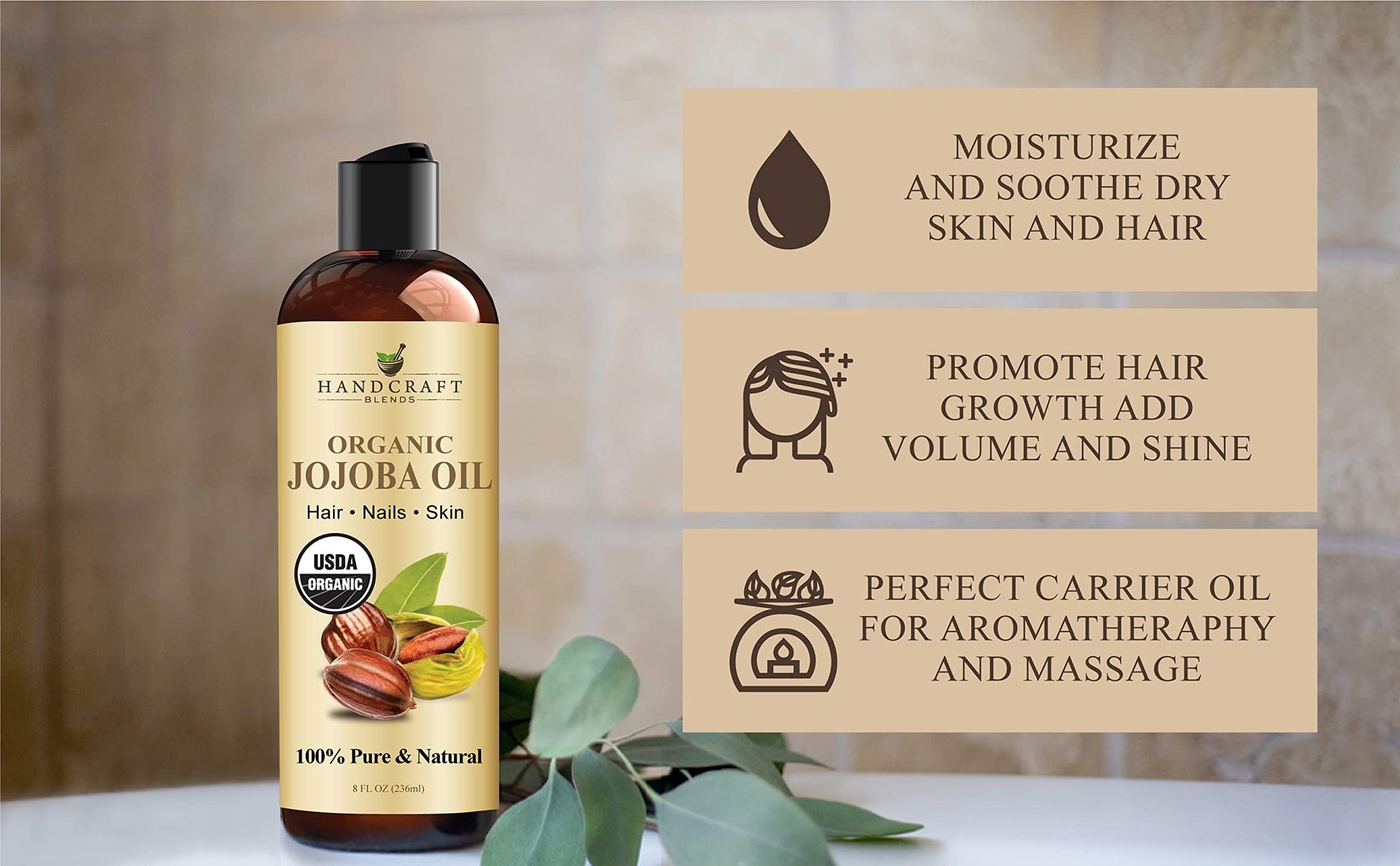 Premium grade vegan jojoba oil container showing application instructions for face