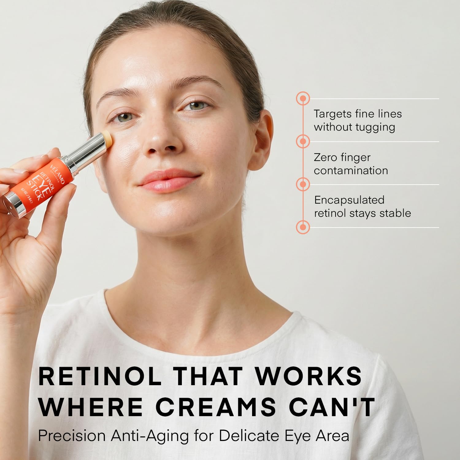 VELAMO ADVANCED Retinol Eye Stick open packaging displaying the smooth retinol balm texture.