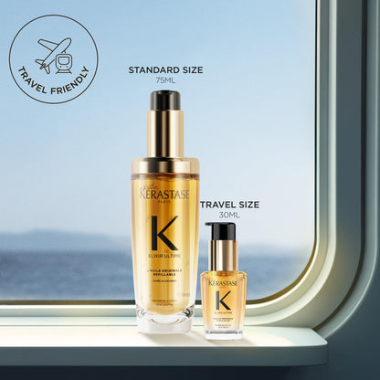 KÃ©rastase Elixir Ultime travel size thirty milliliter bottle placed upright on a clean vanity surface