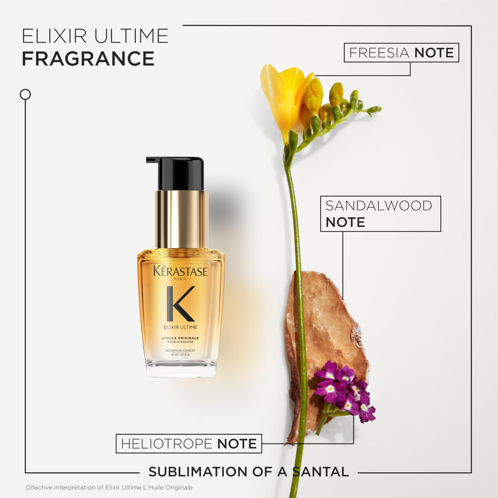 Back label of the KÃ©rastase Elixir Ultime thirty milliliter bottle displaying key ingredient information