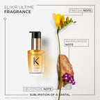 Back label of the KÃ©rastase Elixir Ultime thirty milliliter bottle displaying key ingredient information