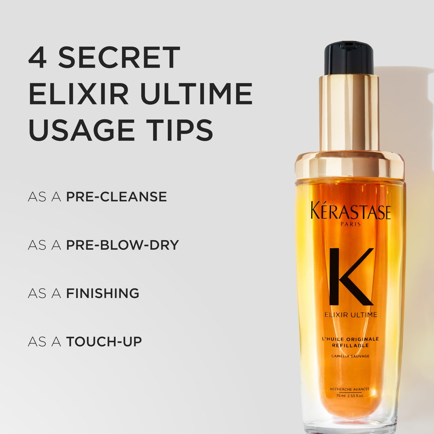 KÃ©rastase Elixir Ultime Refillable Hair Oil bottle held in hand to illustrate the travel friendly size