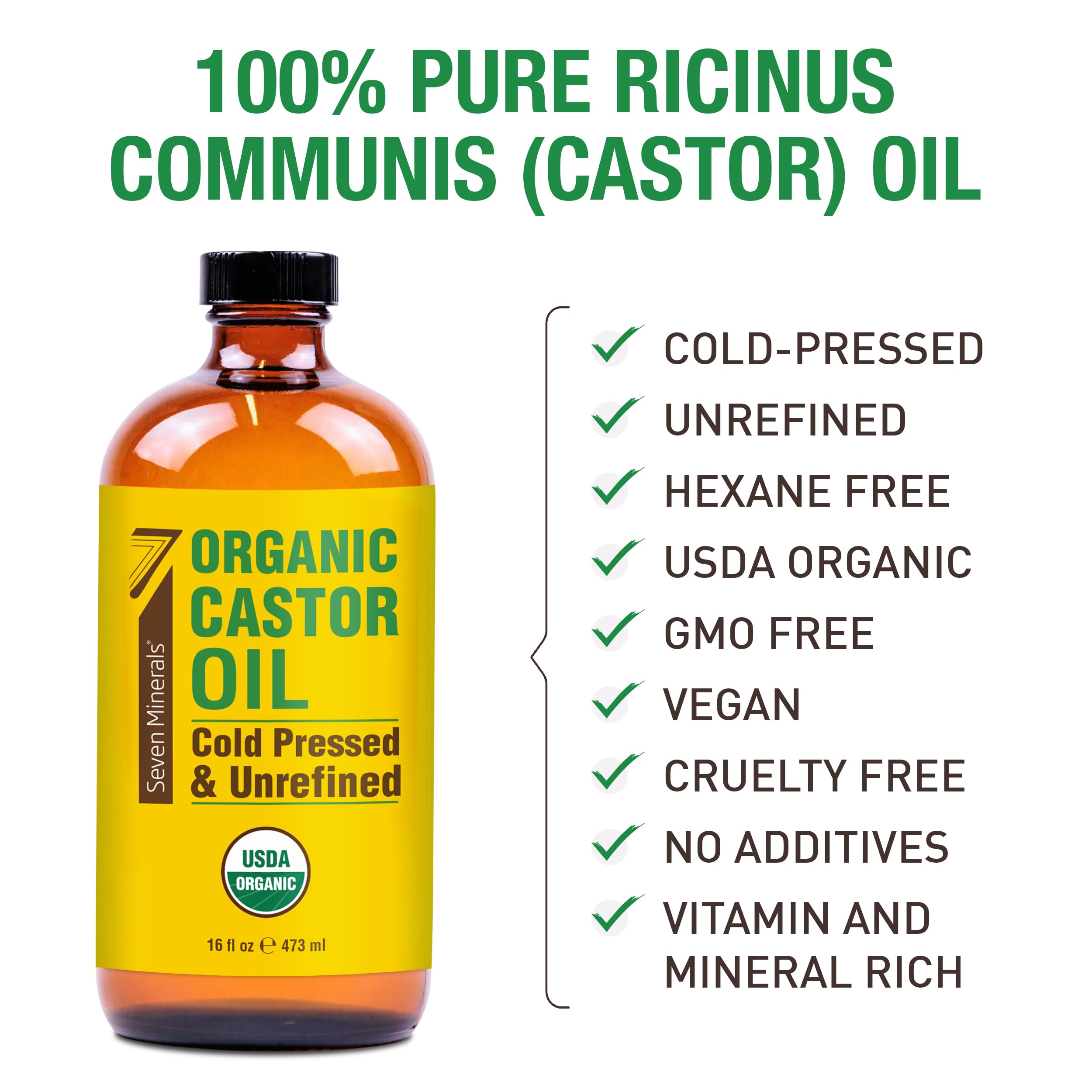 Pure cold pressed unrefined castor oil bottle showcasing the organic certification labels.
