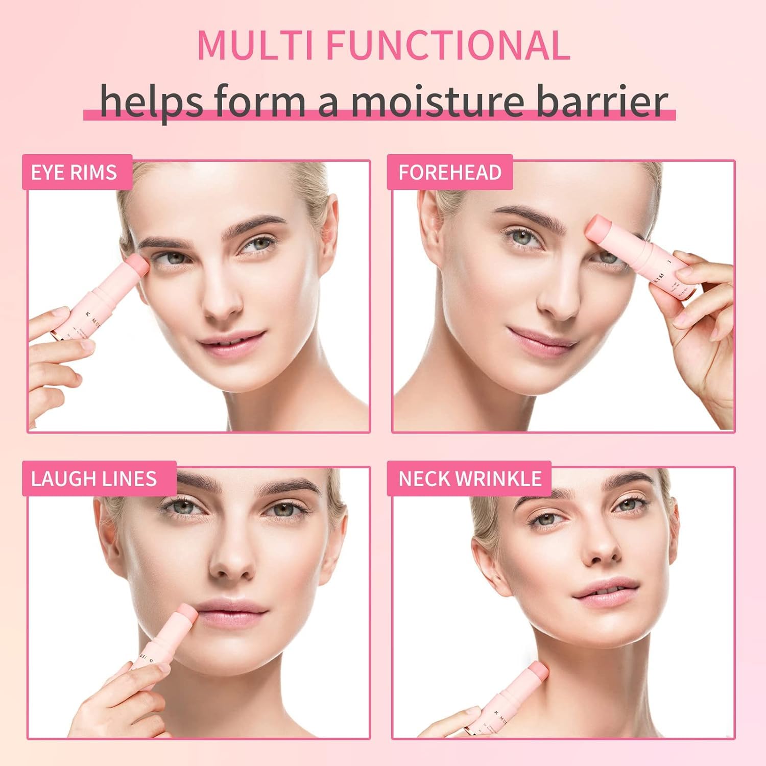KIMUSE face balm stick being applied to the under-eye area and neck to reduce the appearance of fine wrinkles.