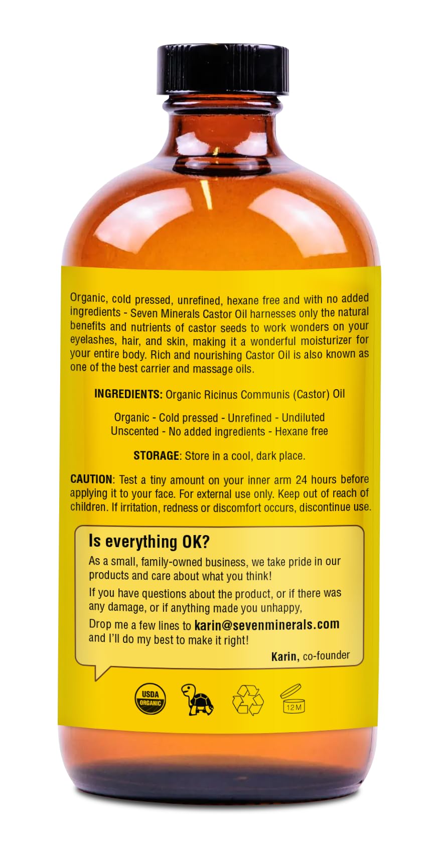 Close up of the single ingredient pure Ricinus Communis oil product label details.