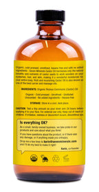 Close up of the single ingredient pure Ricinus Communis oil product label details.